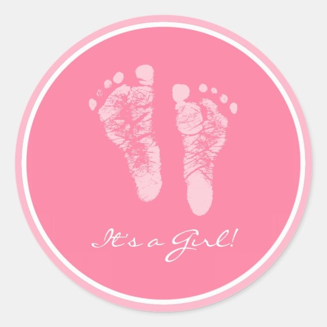 Cute Pink Baby Footprints Its a Girl Baby Shower Classic Round Sticker (Front)