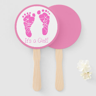 Cute Pink Baby Footprints Its a Girl Baby Shower Hand Fan