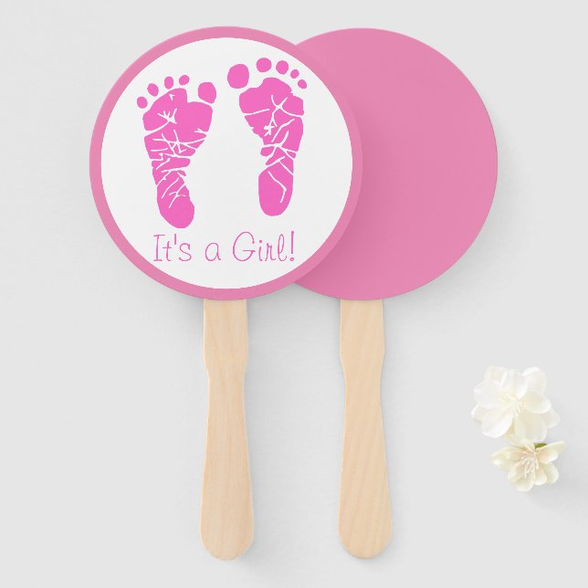 Cute Pink Baby Footprints Its a Girl Baby Shower Hand Fan (Front and Back)
