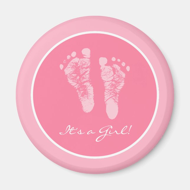 Cute Pink Baby Footprints Its a Girl Baby Shower Magnet (Front)