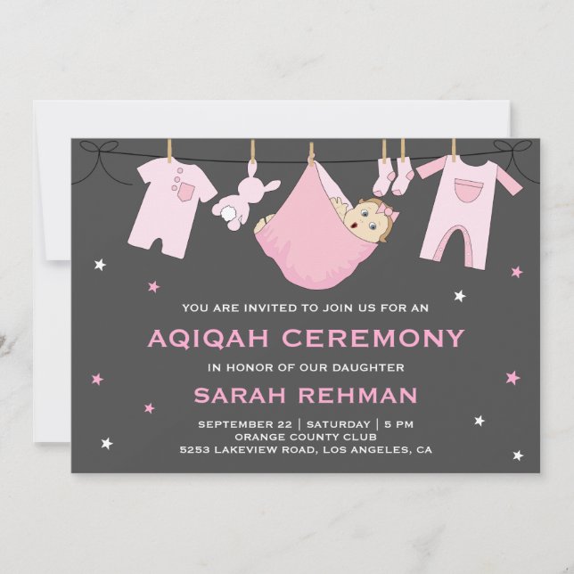 Cute Pink Baby Girl Aqiqah Invitation (Front)