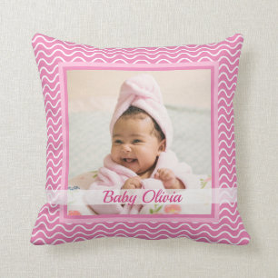 Cute Pink Baby Girl Birth Stats Photo Keepsake Cushion