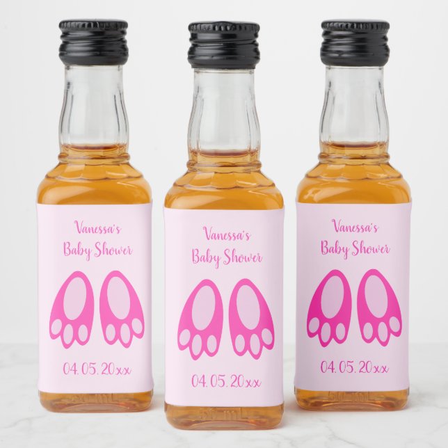 Cute Pink Baby Girl Bunny Feet Easter Baby Shower Liquor Bottle Label (Bottles)