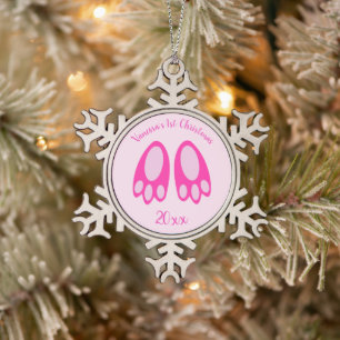 Cute Pink Baby Girl Bunny Feet Easter Custom Snowflake Pewter Christmas Ornament
