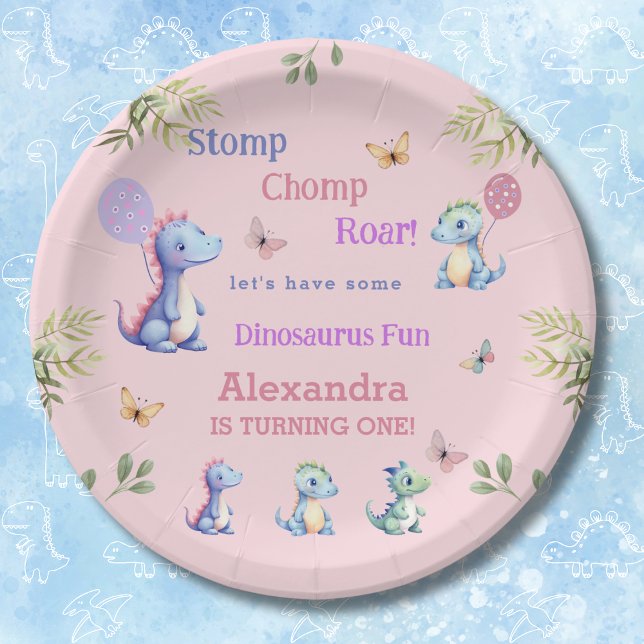 Cute Pink Baby Girl Dinosaur 1st Birthday Paper Plate (Creator Uploaded)