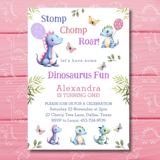 Cute Pink Baby Girl Dinosaur 1st Birthday Party Invitation (Creator Uploaded)