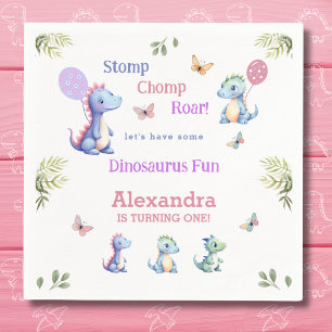 Cute Pink Baby Girl Dinosaur 1st Birthday Party Napkin