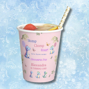 Cute Pink Baby Girl Dinosaur 1st Birthday Party Paper Cups