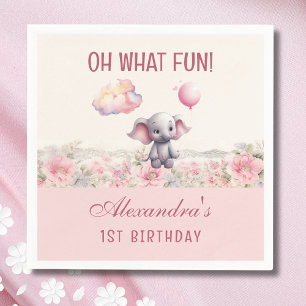 Cute Pink Baby Girl Elephant 1st Birthday Party Napkin