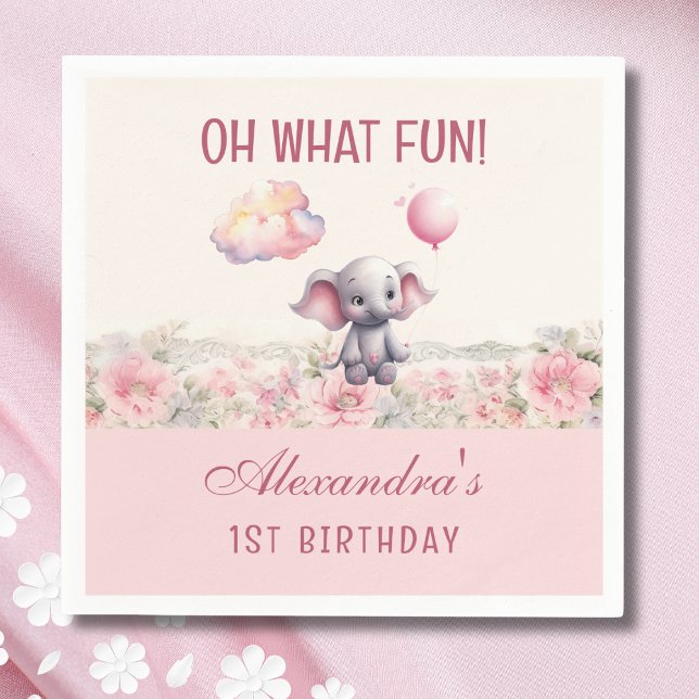 Cute Pink Baby Girl Elephant 1st Birthday Party Napkin (Creator Uploaded)