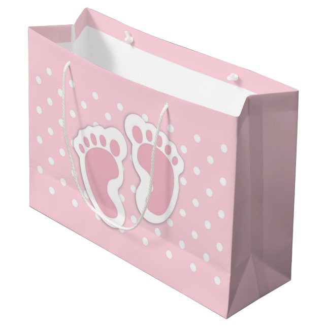Cute Pink Baby Girl Footprint Large Gift Bag (Front Angled)