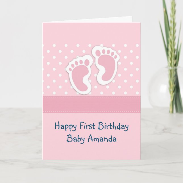 Cute Pink baby Girl Footprints 1st Birthday Card (Front)