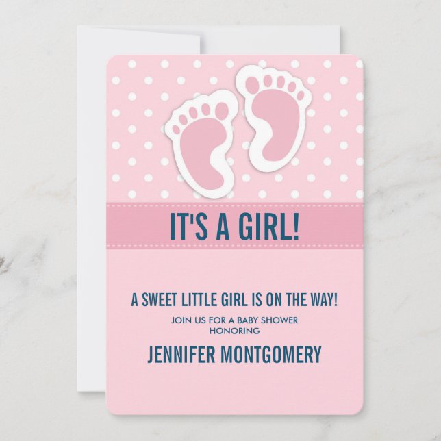 Cute Pink baby Girl Footprints Baby Shower Invitation (Front)
