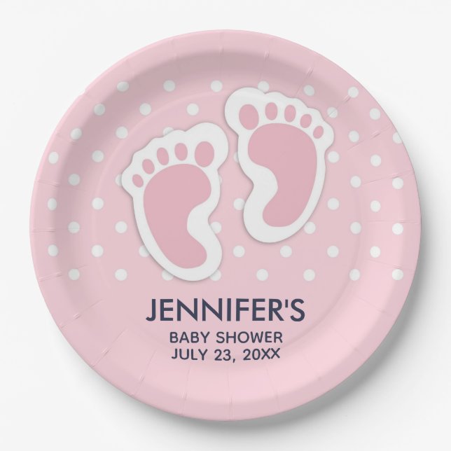 Cute Pink baby Girl Footprints Baby Shower Paper Plate (Front)