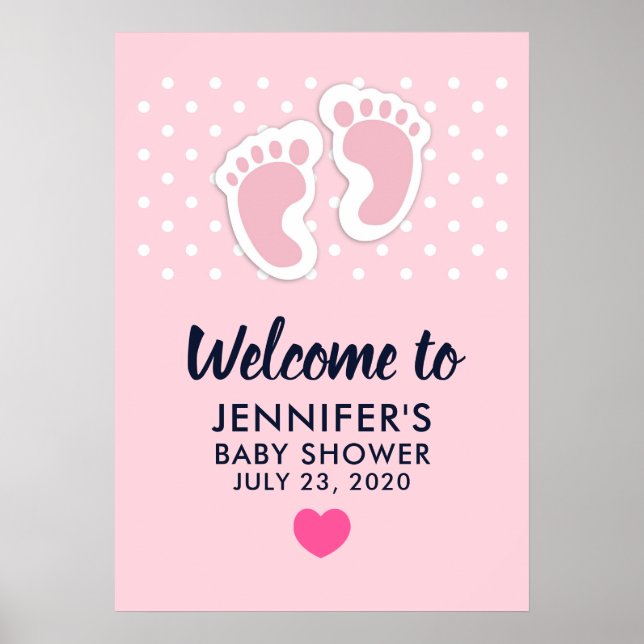 Cute Pink baby Girl Footprints Baby Shower Poster (Front)