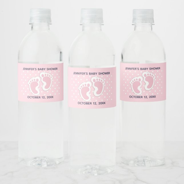 Cute Pink baby Girl Footprints Baby Shower Water Bottle Label (Bottles)
