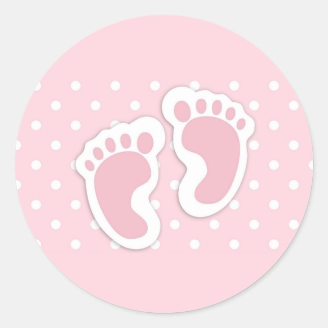 Cute Pink Baby Girl Footprints Classic Round Sticker (Front)