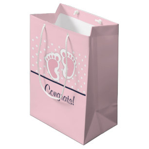 Cute Pink Baby Girl Footprints Congrats Medium Gift Bag