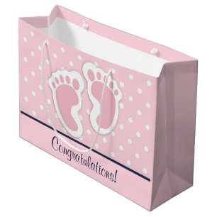 Cute Pink Baby Girl Footprints Congratulations Large Gift Bag