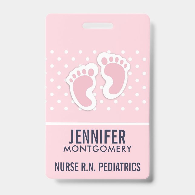 Cute Pink Baby Girl Footprints ID Badge (Front)