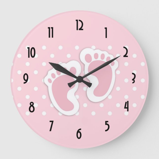 Cute Pink baby Girl Footprints Large Clock (Front)