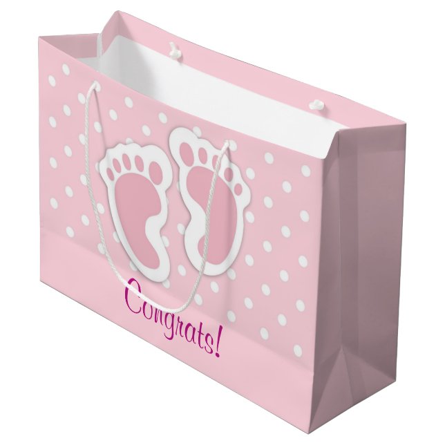 Cute Pink Baby Girl Footprints Large Gift Bag (Front Angled)
