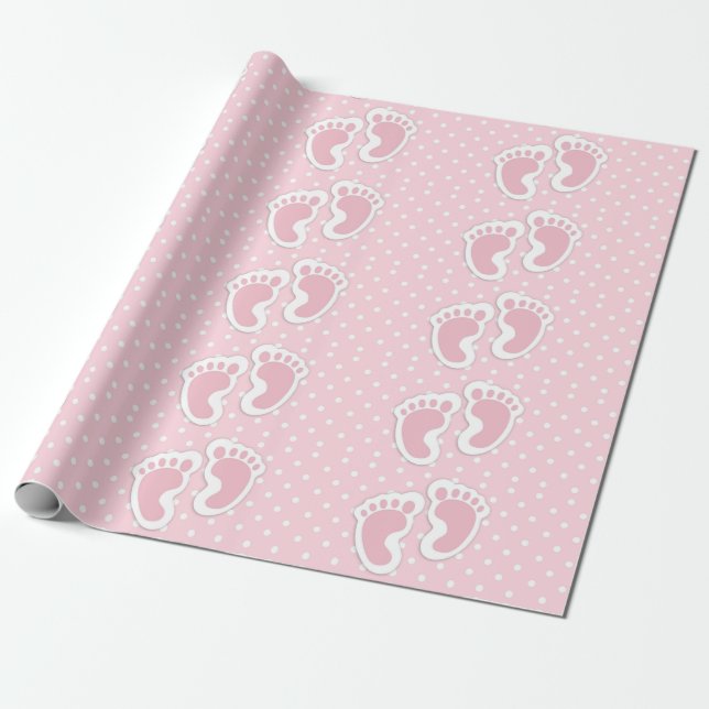 Cute Pink Baby Girl Footprints Pattern Wrapping Paper (Unrolled)