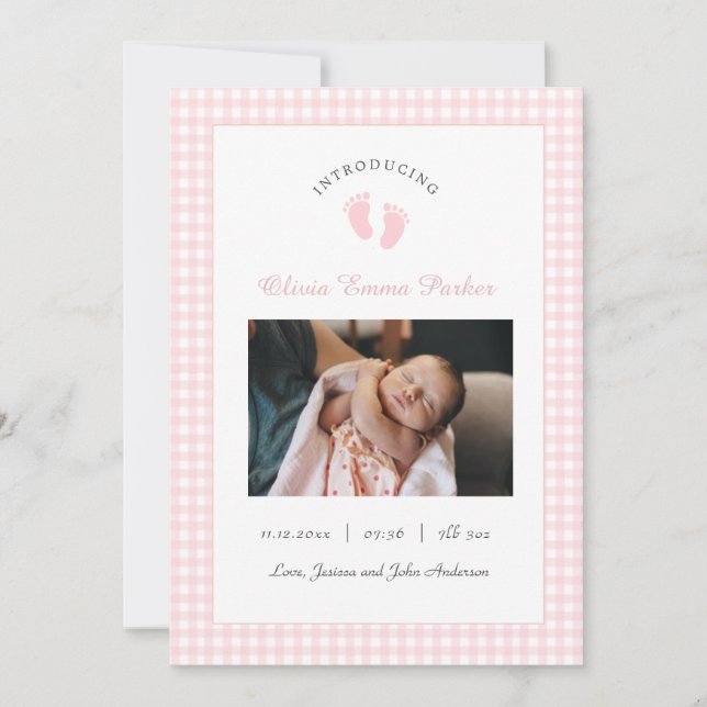 Cute Pink Baby Girl footprints Photo Birth Announcement (Front)