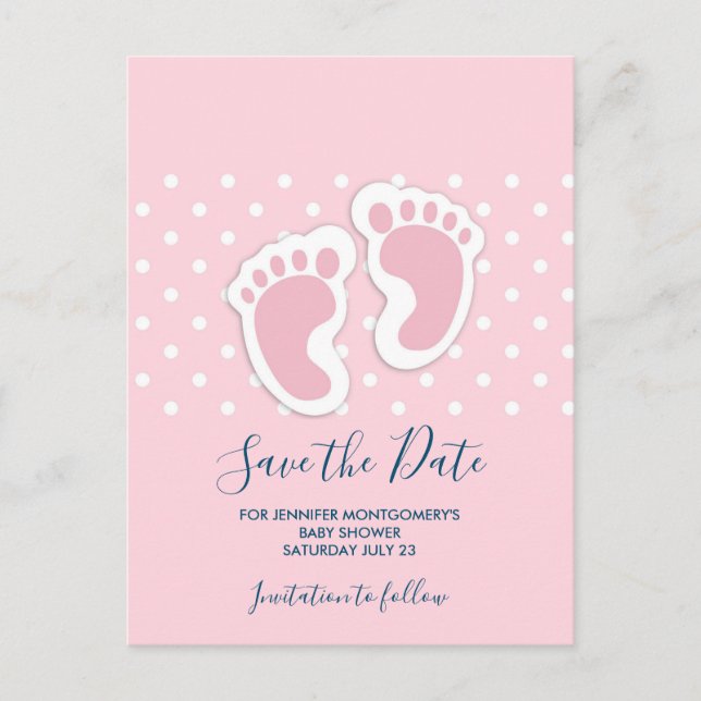 Cute Pink baby Girl Footprints Save the Date Postcard (Front)