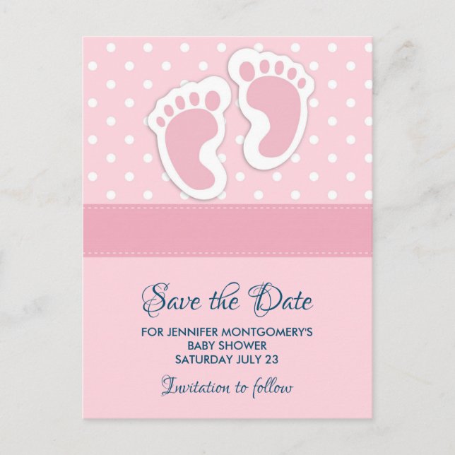 Cute Pink baby Girl Footprints Save the Date Postcard (Front)