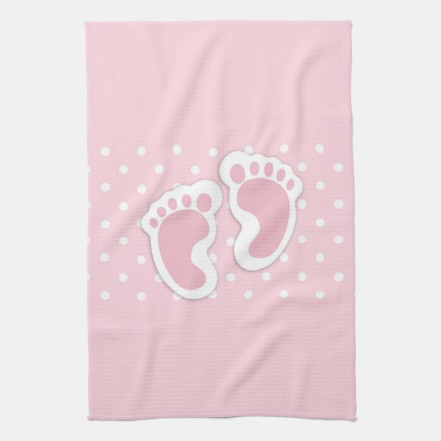 Cute Pink Baby Girl Footprints Tea Towel (Vertical)