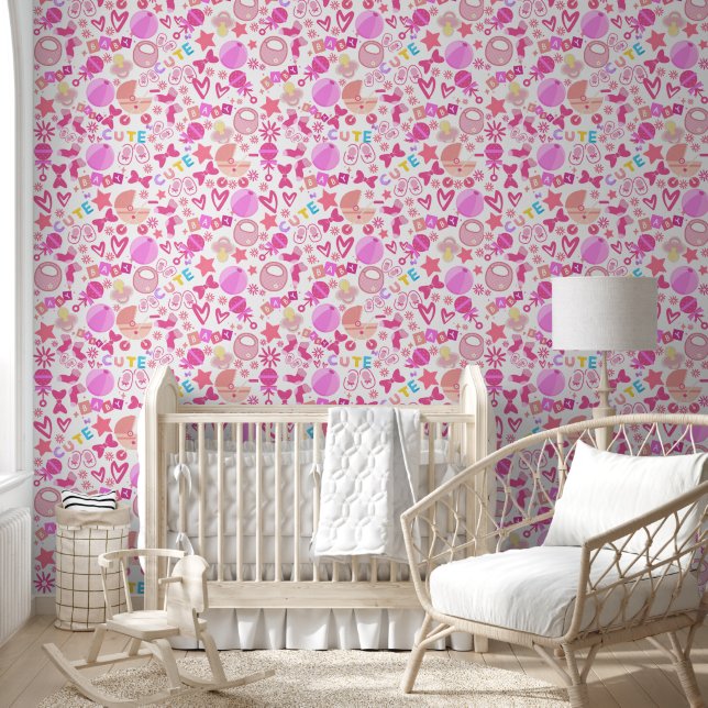Cute Pink Baby Girl Nursery Pattern personalised Wallpaper (Kids)