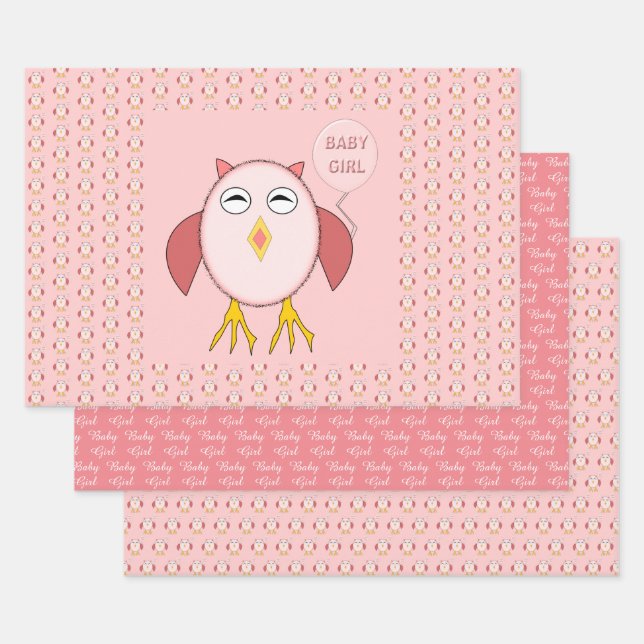 Cute Pink Baby Girl Owl Custom Wrapping Paper Sheet (Set)