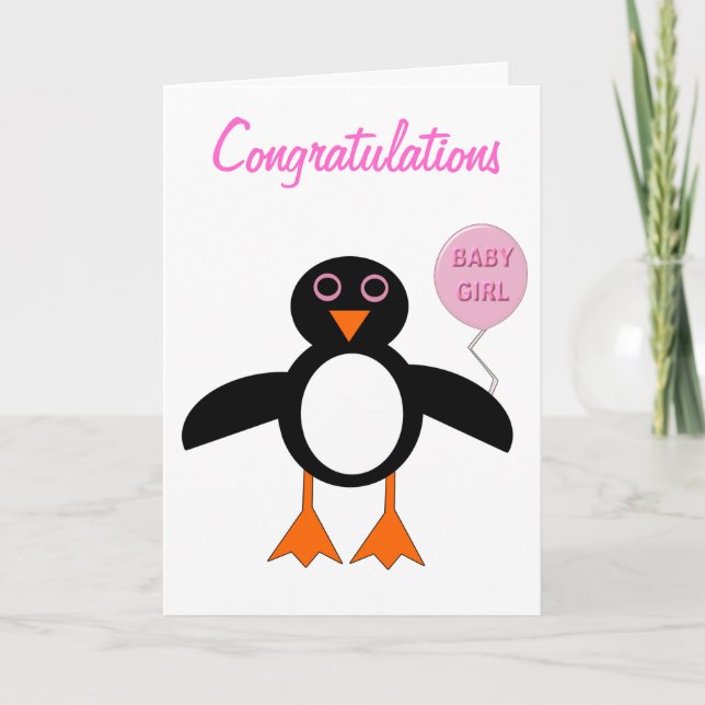 Cute Pink Baby Girl Penguin Custom Card (Front)