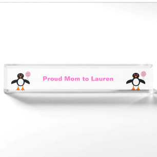 Cute Pink Baby Girl Penguin Custom Desk Nameplate