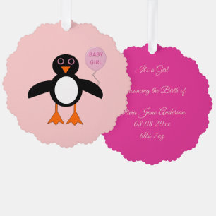Cute Pink Baby Girl Penguin Custom Tree Decoration Card