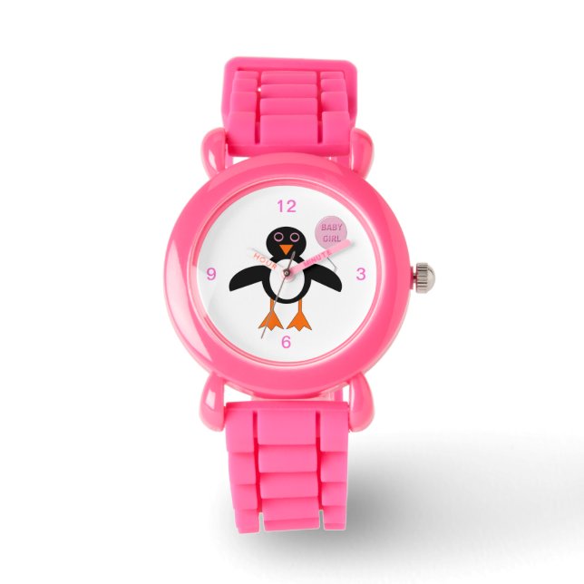 Cute Pink Baby Girl Penguin Glitter Watch (Front)