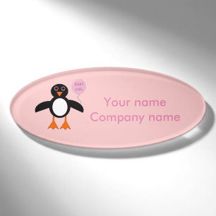 Cute Pink Baby Girl Penguin Personalised Name Tag