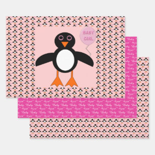 Cute Pink Baby Girl Penguin Wrapping Paper Sheet