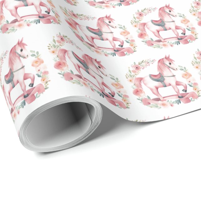 Cute Pink Baby Girl Rocking Horse Gift Wrapping Wrapping Paper (Roll Corner)