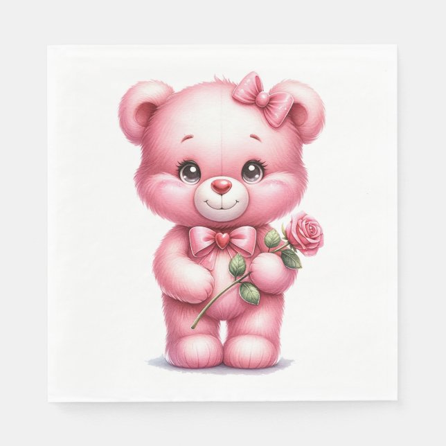 CUTE PINK BABY GIRL TEDDY BEAR WITH ROSE NAPKIN (Front)