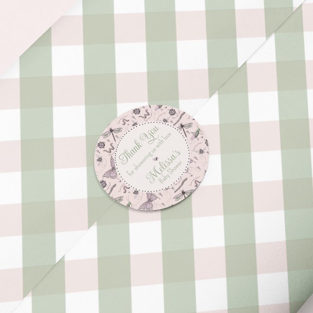 Cute Pink Baby Insect & Gingham Pattern Thank You Classic Round Sticker (Cute boho hand-drawn insects party favor Thank You sticker for baby girl Shower in pink & sage green)