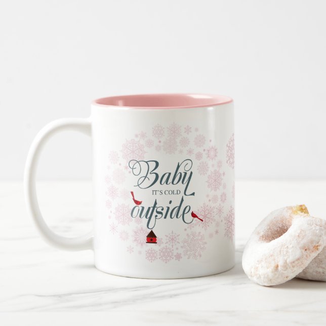 Cute Pink Baby Its Cold Outside Christmas Two-Tone Coffee Mug (With Donut)