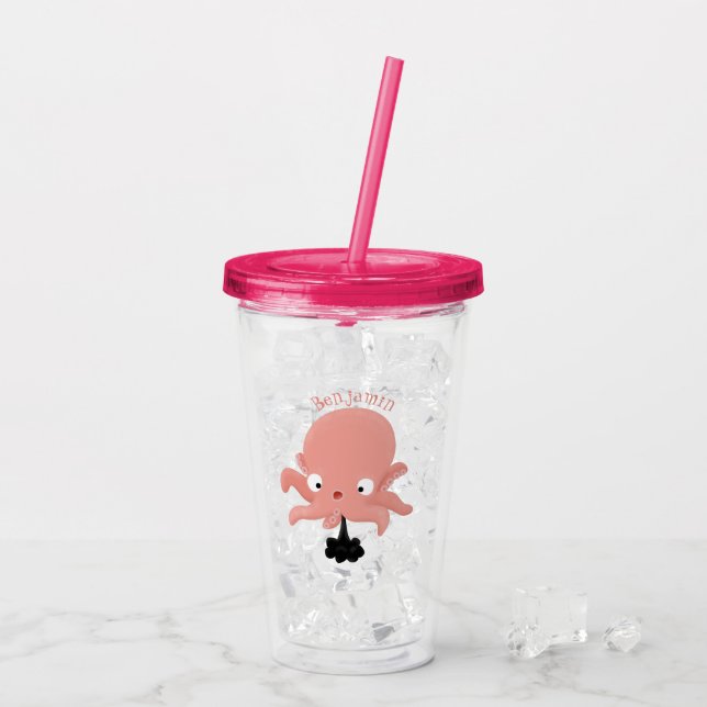 Cute pink baby octopus cartoon humour acrylic tumbler (Back Ice)