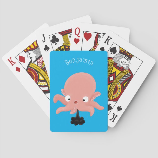 Cute pink baby octopus cartoon humour playing cards (Back)