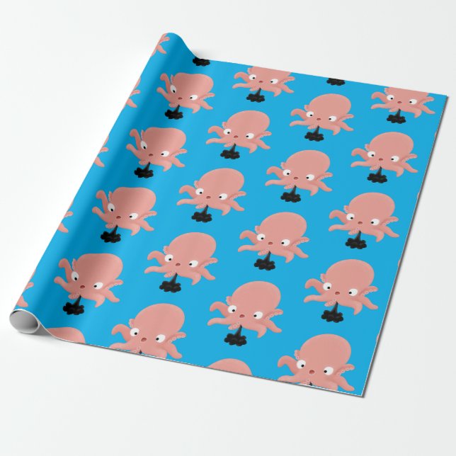 Cute pink baby octopus cartoon humour wrapping paper (Unrolled)