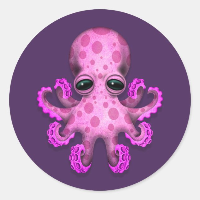 Cute Pink Baby Octopus on Purple Classic Round Sticker (Front)