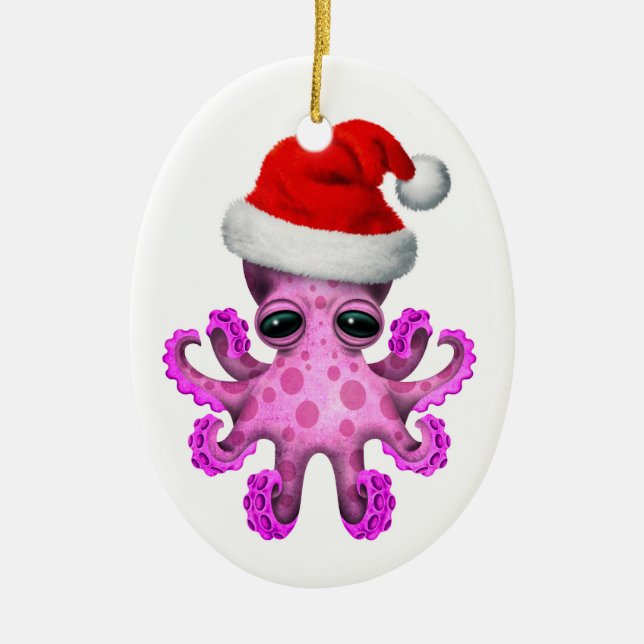 Cute Pink Baby Octopus Wearing Santa Hat White Ceramic Tree Decoration (Front)