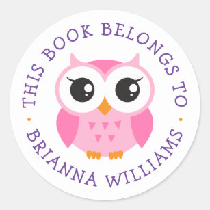 Cute pink baby owl bookplate sticker