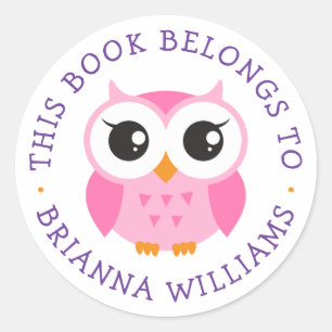 Cute pink baby owl bookplate sticker